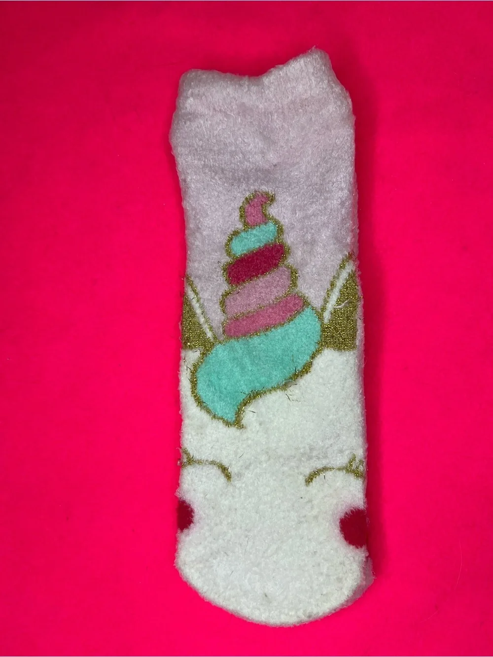 Bath & Body Works White Fuzzy Unicorn Socks with Pink, Teal and Gold Accent